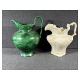 Pottery Pitchers Green & White (2)