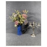 Enamel Pitcher W/Flowers,5 Arm Candelabra Silver T