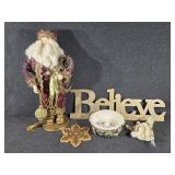 Santa Figurine, Wooden Believe Sign, Ceramic