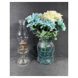 Clear Glass Oil Lamp, Teal Glass Vase With Wire