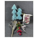 Canister W/Ornaments, Blue Sparkly Trees on a Wood