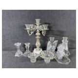 5-Arm Silver Tone Candelabra, Glass Candlesticks