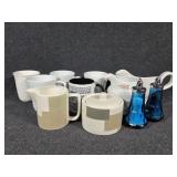 Mugs(5), Sugar and Creamer, Blue Glass Salt and