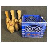 Vintage Wooden Bowling Pins (6) in a Blue Milk