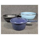 Blue Speckled Enamel Pot With Lid, Metal