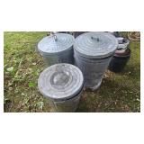 Metal Trash Cans(3) One Filled With Bird House