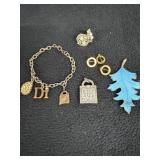 Enamel Blue Leaf pin, Charm bracelet, Earrings