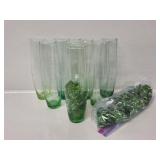 Green Glass Etched Vases(8), With Vase Gems