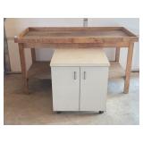 Wooden Work Table, 2 Door Cabinet On Wheels
