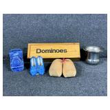 Wooden Dominoes Box, Miniature Blue Ceramic Dutch