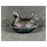 Carnival Glass Turquoise Blue Nesting Chicken