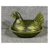 Indiana glass Green Chicken on nest bowl