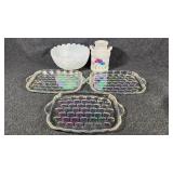 Milk Glass Serving Bowl, Iridescent Snack Plates,