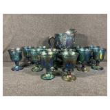 Carnival Glass Blue Turquoise pitcher, 12 goblets