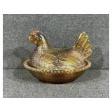 Carnival glass Iridescent Marigold Nesting Chicken