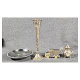 Plated Bud Vase, Teapot Clock, Silver Tone Dish