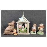 Metal Candle Lantern, Ceramic Pig Figurines(3)