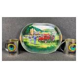 Oval Metal Serving Tray W/Tractor,Tin Mugs(2)