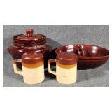 Brown Glazed Stoneware Divided Dish & Crock