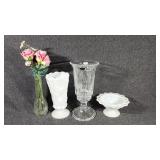 Cut Glass Candle Lamp, White Milk Glass Vase & Ped