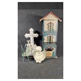 Ornate Floral Cross, Kneeling Angel,Wooden House