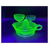 Antique Uranium Hand Juicer, (2) Sherbert dishes