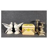 Metal Candlestick Holders(3), Bisque Dove Figurine