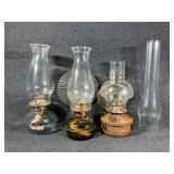 Metal & Glass Oil Lamps W/Chimneys (3)