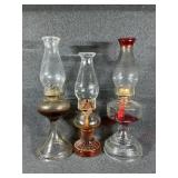 Glass Oil Lamps W/Chimneys and Metal Burners(3)