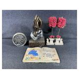 Indian head steel bank, ceramic praying hands,