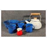 Blue Speckled Enamelware Pan & Cups, Tea Kettle