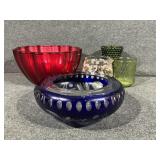 Ruby Red fluted bowl, Green Hobnail votive holder