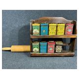 Wooden spice rack with tins, Wooden Rolling Pin