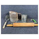 Metal Hand Sifters (2), Wooden Rolling pin