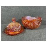 Orange and Amethyst Carnival Glass Bowl