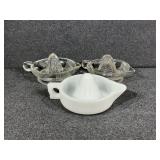 Sunkist Milkglass juicer, (2) Clear Juicers