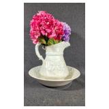 Ceramic Pitcher and Matching Bowl Set W/Faux