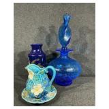 Blenko Crackle glass decanter, Relpo Blue Daisy