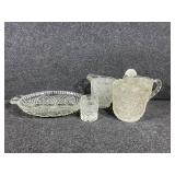 Etched glass creamers (2), Sugar bowl, Relish