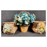 Woven Wicker Baskets Decorated Wtih Flowers & Fabr
