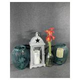 Gray Accent Lantern, Dark Teal Metal Ribbed