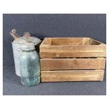 Kerosene Fuel Jug, Aqua Ball Jar, Wooden Crate