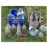 Various Glass Milk Jars, Wooden Crate