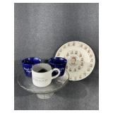 Presidents Plate, Glass Cake Stand, Coffee Cups(3)