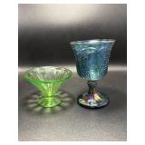 Uranium Sherbet Dish & Blue Carnival Glass Goblet