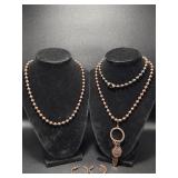 Metal Copper Toned Beaded Necklaces(2), Earrings