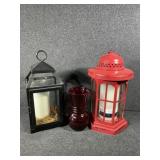 Decorative Metal Lanterns(2), Red Glass Vase,