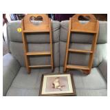 2 WOODEN SHELVES AND HAWK PICTURE