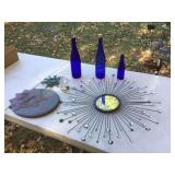 Decor items Blue bottles with fairy lights mirrored sun wall hanging