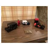 Metal piece and glass bottles